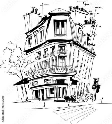 Vector hand drawing. Typical parisain house with cafe and lanterns, Paris, France.