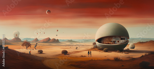 the surface of another planet with its spherical structures, alien inhabitants, the red planet with many satellites