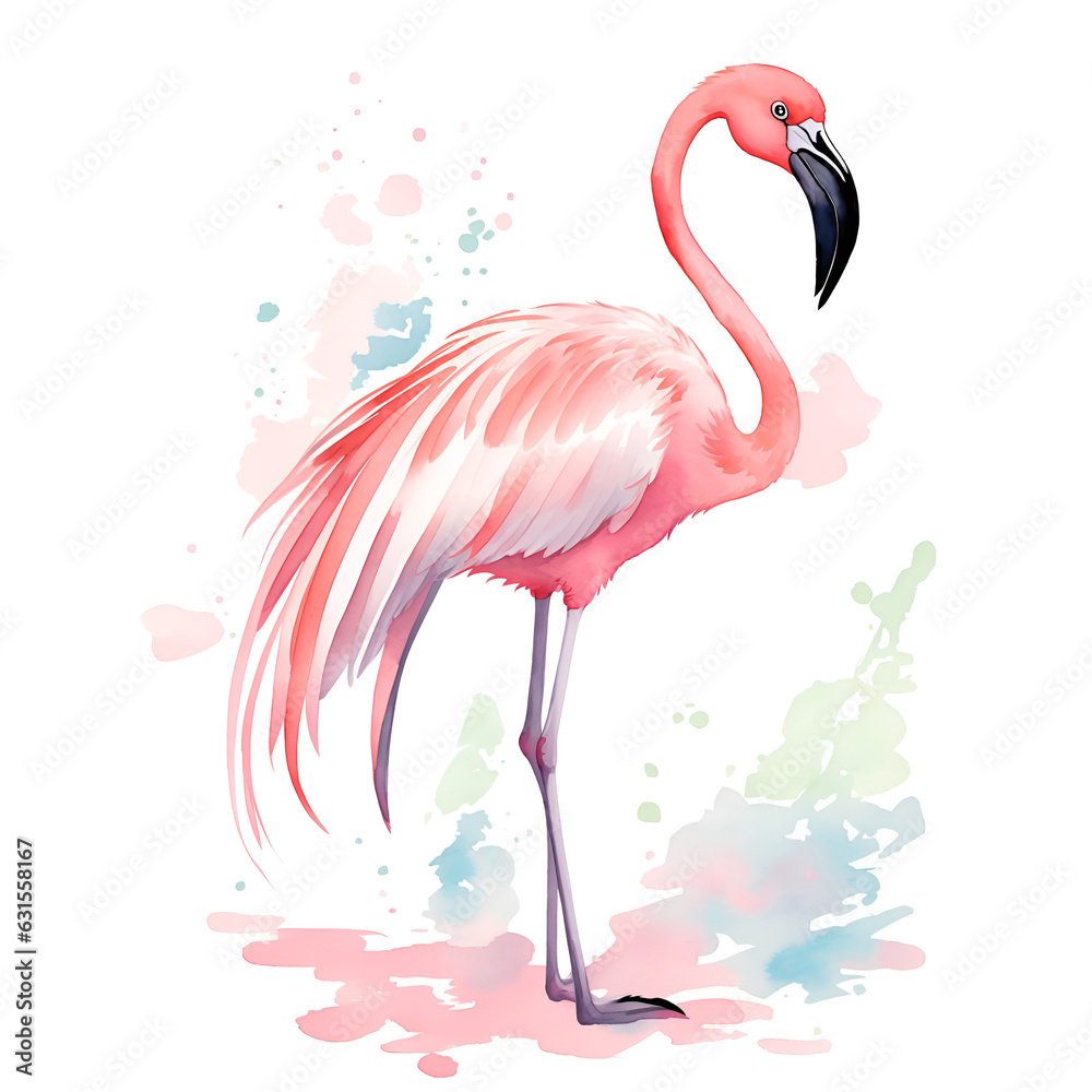 Obraz premium Flamingo in cartoon style. Cute Little Cartoon Flamingo isolated on white background. Watercolor drawing, hand-drawn Flamingo in watercolor. For children's books, for cards, Children's illustration