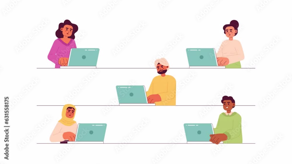 Diverse classroom adult 2D animation. People with laptops. Diversity integration 4K video motion graphic. Older college students multicultural color animated cartoon flat concept, white background