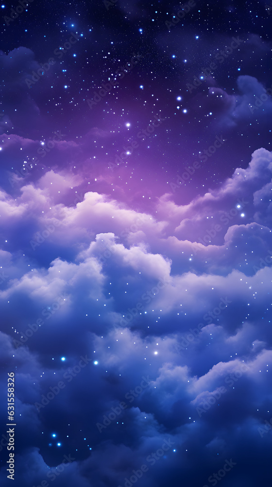 Deep midnight gradient dreamy moonlight sky with fluffy clouds and glowing stars phone hd wallpaper, ai generated