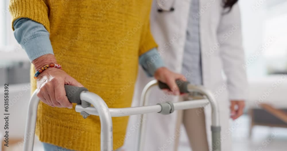 Senior hands, doctor and physiotherapy with walker for support, help and healthcare. Walking frame, medical professional and person with a disability in hospital, rehabilitation and physical therapy Senior hands, doctor and physiotherapy with walker for support, help and healthcare. Walking frame, medical professional and person with a disability in hospital, rehabilitation and physical therapy