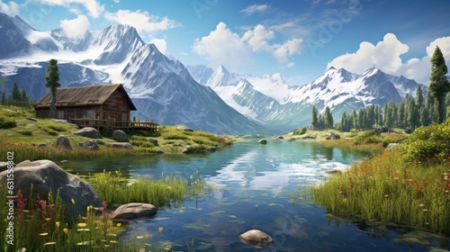 Pristine alpine lake scene with crystalline water, Towering snow-capped mountains, Blooming wildflowers, Grazing deer, Generative AI © Chetiwat