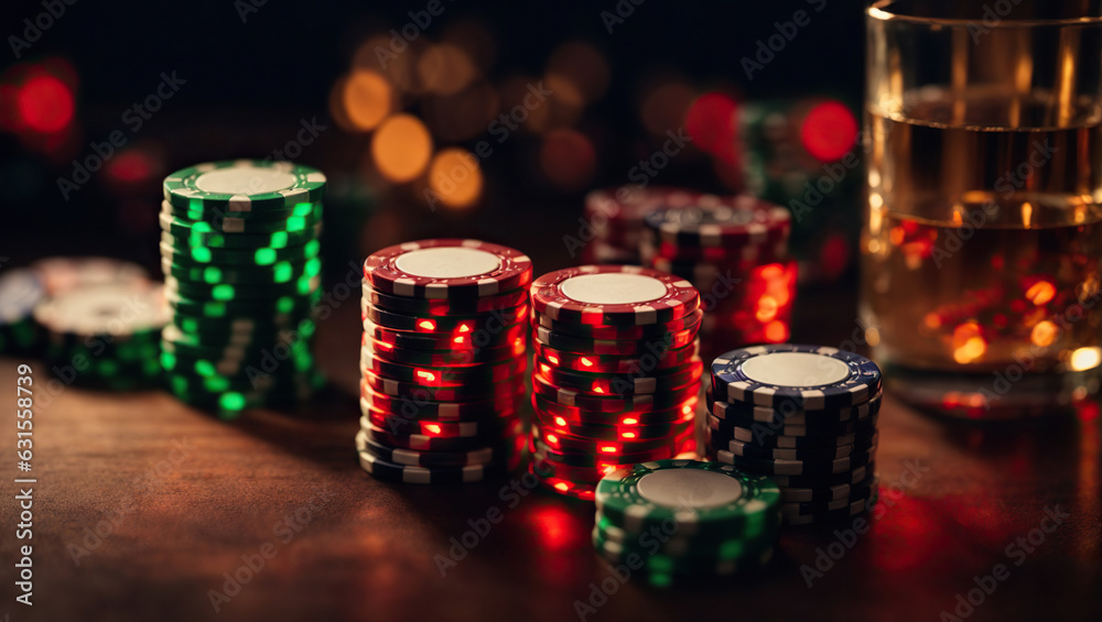 Playing cards,dices and poker chips from above on green poker table. AI generative. Playing cards,dices and poker chips from above on green poker table. AI generative.