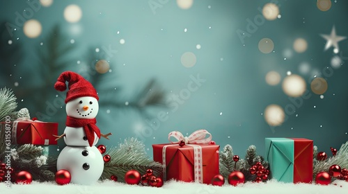 Christmas banner with blank space for text, snowman celebrate with giftboxes, fir tree branches and red ornaments, green background © PinkiePie