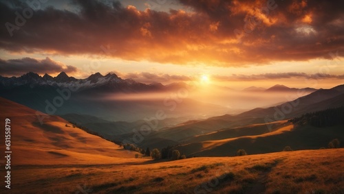 Sunset in mountains, dramatic sky. AI generative. © snesivan