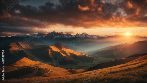 Sunset in mountains, dramatic sky. AI generative. © snesivan