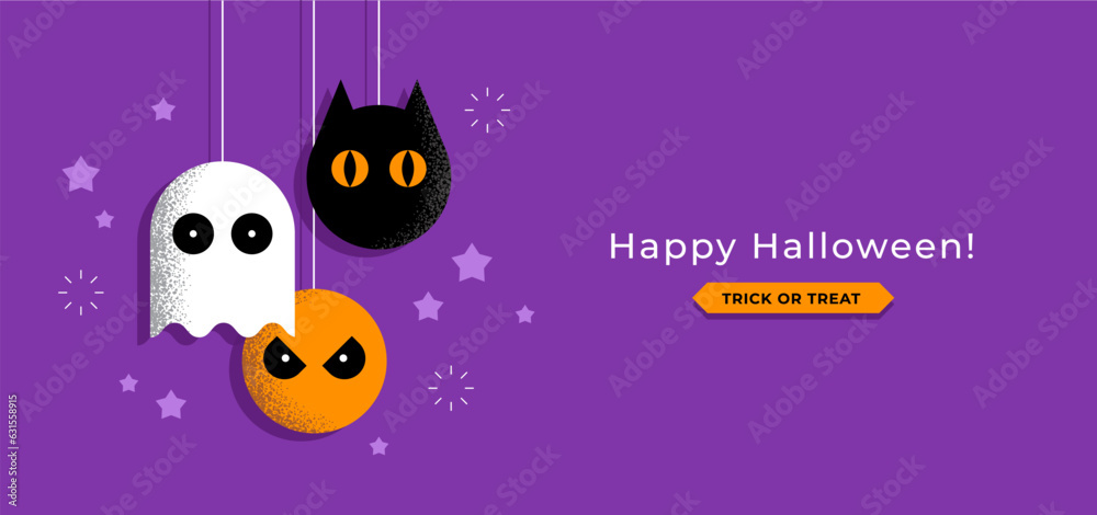 Halloween greeting card or banner design with cute pumpkin, ghost and cat head symbols.