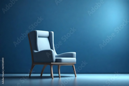 a single chair placed in front of a wall that is blue