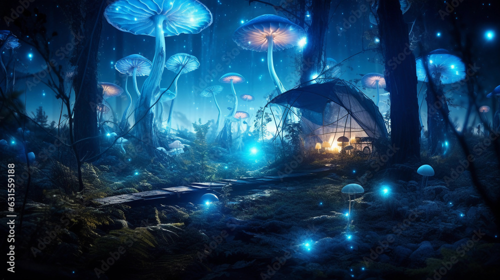 A surreal, photorealistic image of a glowing bioluminescent forest, with a transparent, futuristic tent in the center. Neon - blue mushrooms, glowing flowers, ethereal fog, starry sky, alien fauna in A surreal, photorealistic image of a glowing bioluminescent forest, with a transparent, futuristic tent in the center. Neon - blue mushrooms, glowing flowers, ethereal fog, starry sky, alien fauna in