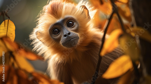 a Golden Langur feeding on tree leaves, the details of its fur and expressions captured in vivid detail