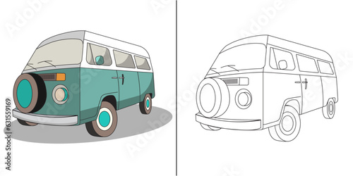 Coloring page of a standard Camper Van.  Lots of fun for kids to color in.  Very easy to color.  Coloring page for kids.  Colored clipart