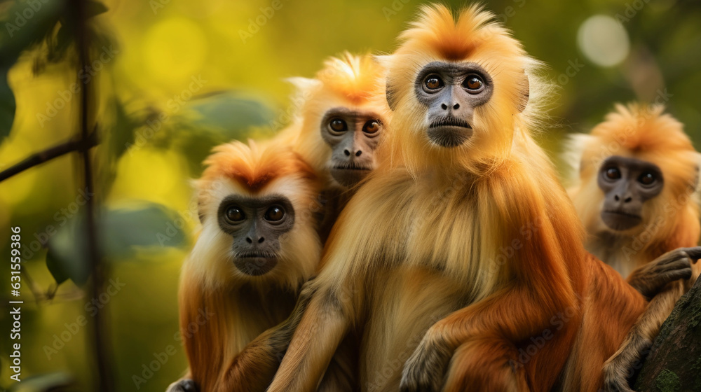 Obraz premium a group of Golden Langurs huddled together, creating a warm, familial scene amidst the cool green tones of the forest