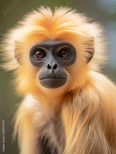 close - up portrait of a Golden Langur, focusing on its expressive eyes. Natural light, blurred forest background © Marco Attano