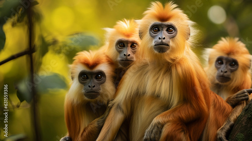 a group of Golden Langurs huddled together, creating a warm, familial scene amidst the cool green tones of the forest © Marco Attano