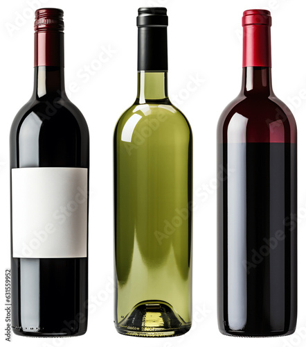 Set/collection of glass wine bottles. Red and white and wine. Bottle of wine with an empty label. Isolated on a transparent background.