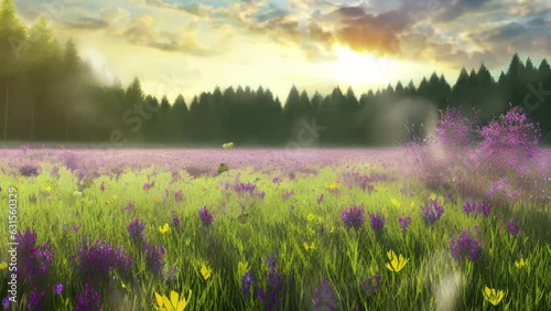 Beautiful scenery of meadow full of flowers. Seamless loop video