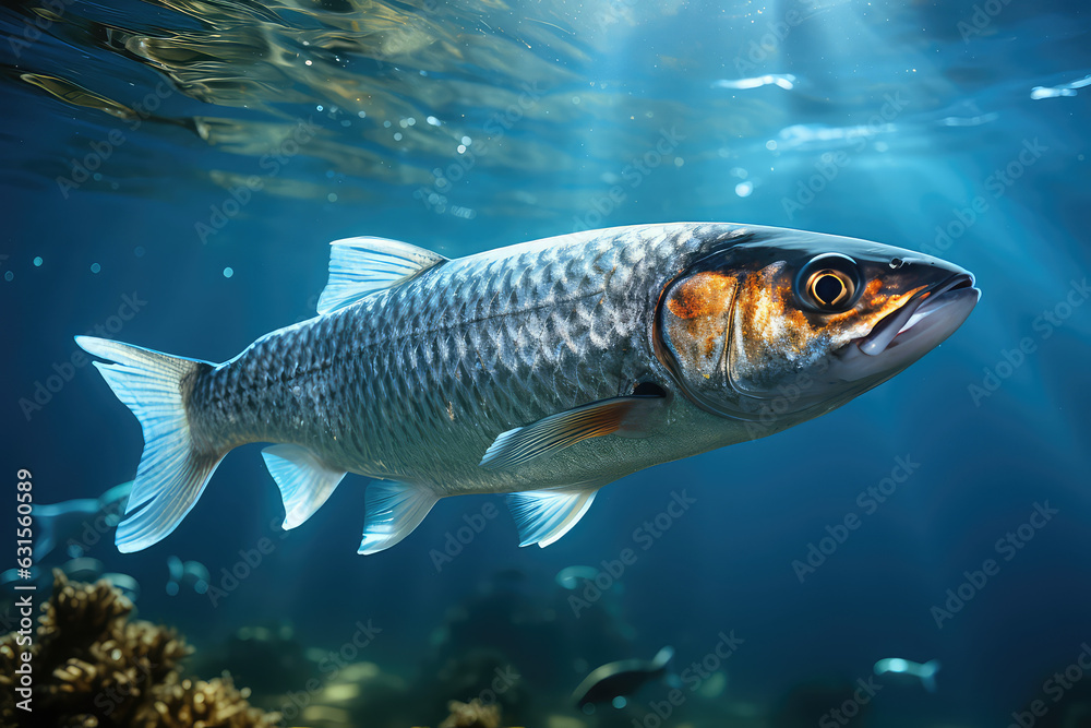 Close-up one Herring fish under water surface. Underwater shot of a gray fish underwater in a blue sea.