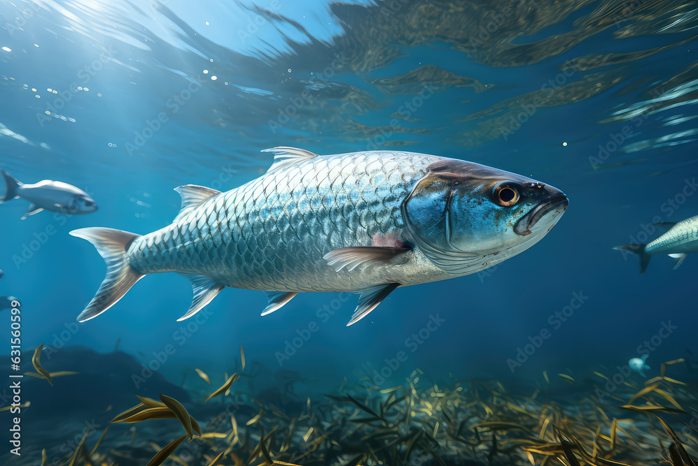 Close-up one Herring fish under water surface. Underwater shot of a gray fish underwater in a blue sea. Close-up one Herring fish under water surface. Underwater shot of a gray fish underwater in a blue sea.