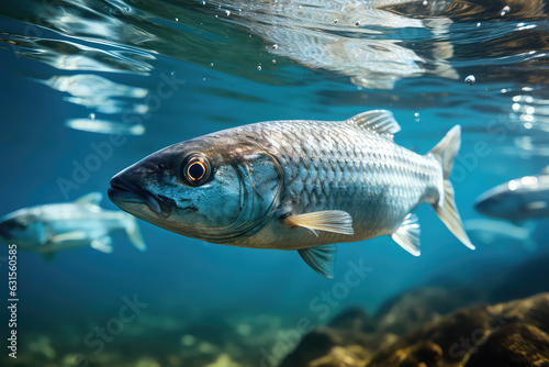 Close-up one Herring fish under water surface. Underwater shot of a gray fish underwater in a blue sea.