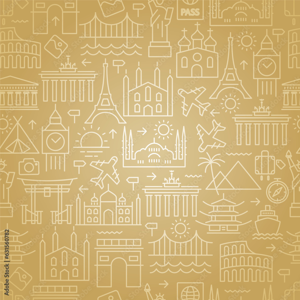 Fototapeta premium Set of conceptual travel icons. Background on the theme of tourism and travel. Seamless background