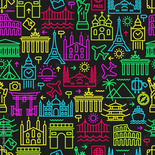 Set of conceptual travel icons. Signs in bright colors Background on the theme of tourism and travel. Seamless background