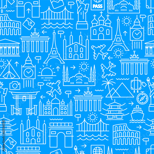 Wallpaper Mural Set of conceptual travel icons. Background on the theme of tourism and travel. Seamless background Torontodigital.ca
