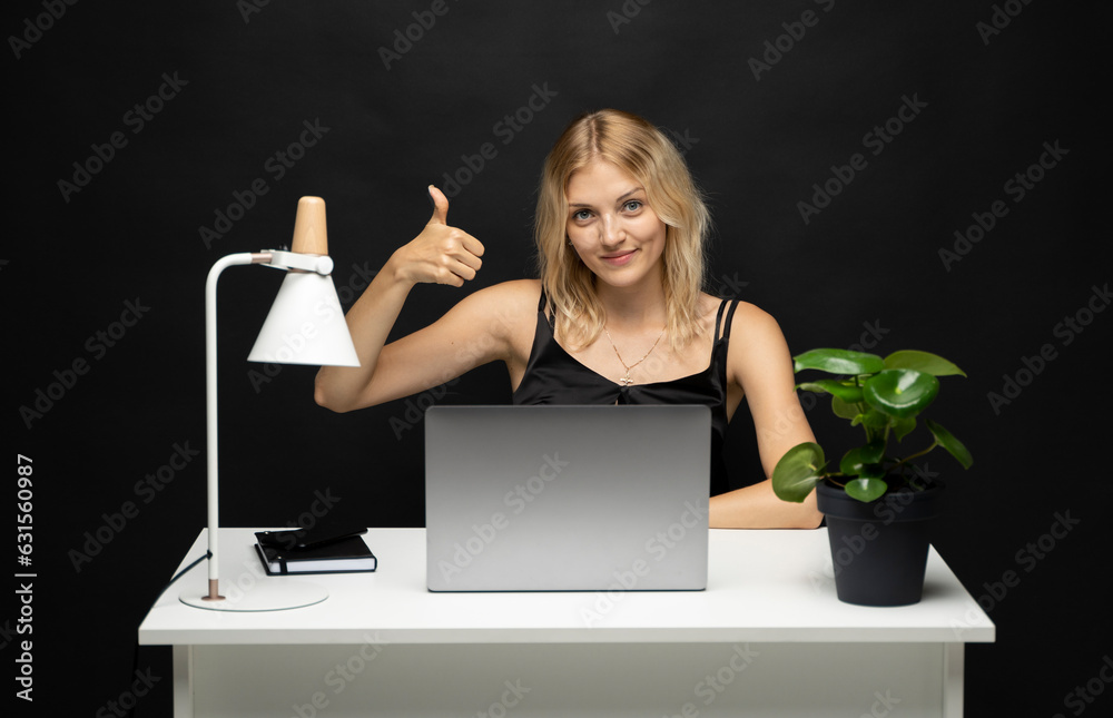 Young happy fun secretary employee business blonde woman showing thumb ...