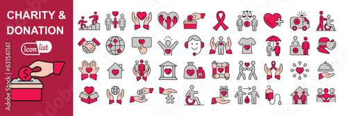 Charity and Donation colored icon set. Help, volunteer, donated, assistance, sharing and solidarity symbol. Solid icons vector illustration