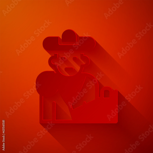 Paper cut Spain bullfight, matador icon isolated on red background. Traditional Spanish entertainment. Paper art style. Vector