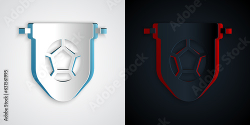 Paper cut Football or soccer flag pennant icon isolated on grey and black background. Paper art style. Vector