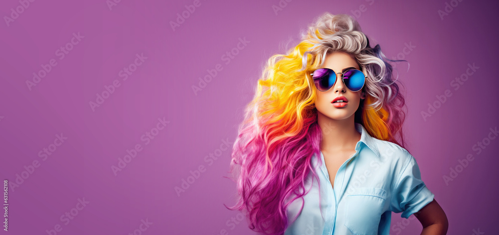 Retro 1980s Woman with Big Hair in Colorful Neon Clothes with Sunglasses on a Solid Background with Space for Copy