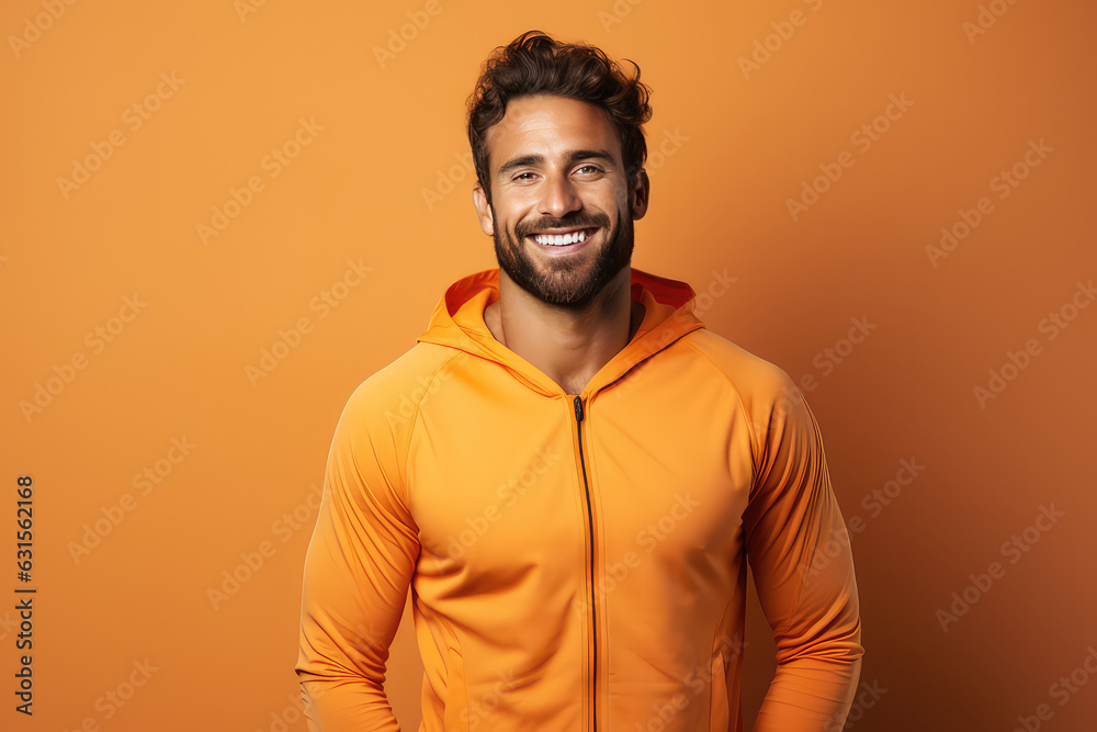 Portrait of smiling young man of athletic build in sports uniform isolated on orange background. Creative banner of fitness center with copy space. Portrait of smiling young man of athletic build in sports uniform isolated on orange background. Creative banner of fitness center with copy space.