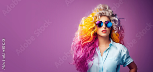 Retro 1980s Woman with Big Hair in Colorful Neon Clothes with Sunglasses on a Solid Background with Space for Copy