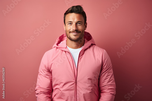 Portrait of smiling young man of athletic build in sports uniform isolated on pink background. Creative banner of fitness center with copy space.