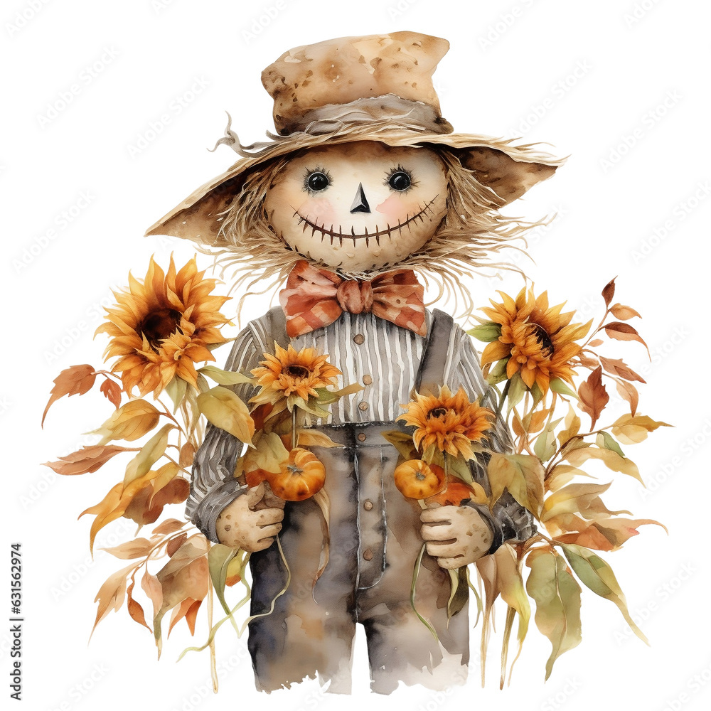 Cute Scarecrow Clipart Watercolor, Fall Scarecrow Illustration, Autumn
