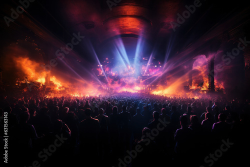 Vibrant concert crowd with hands raised and colorful light beams