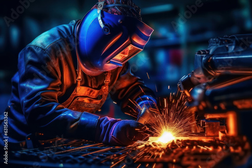 welder is welding metal , industry them bokeh and sparkle background.ai generative