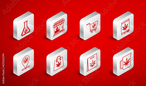 Set line Cup tea with marijuana, Marijuana and cannabis store, Shopping cart, seeds, bag of, Test tube, and Location icon. Vector