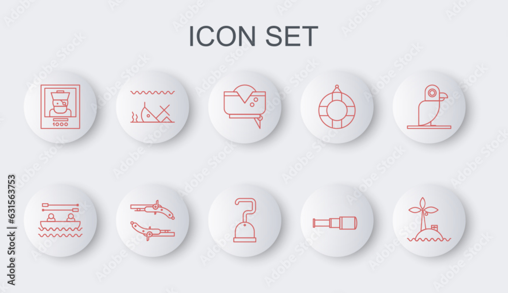 Set line Tropical island in ocean, Boat with oars, Pirate hat, Spyglass telescope lens, Wanted poster pirate, Sunken ship, Vintage pistols and hook icon. Vector Set line Tropical island in ocean, Boat with oars, Pirate hat, Spyglass telescope lens, Wanted poster pirate, Sunken ship, Vintage pistols and hook icon. Vector