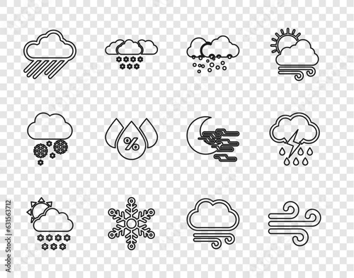 Set line Cloud with snow and sun, Wind, Snowflake, rain, Water drop percentage, Windy weather and lightning icon. Vector