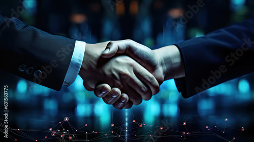 Close-up Partner handshake together with futuristic technology light background
