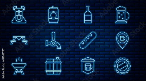 Set line Bottle cap, Alcohol or beer bar location, Beer bottle, tap, Picnic table with benches, Costume for women dirndl, French baguette bread and can icon. Vector