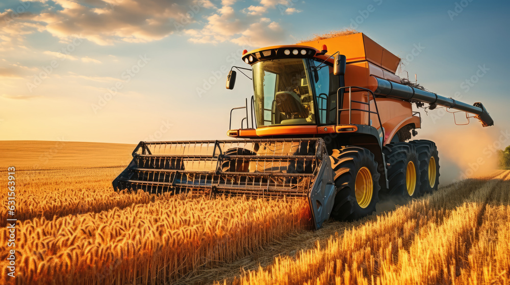 Obraz premium Combine harvester harvests ripe wheat