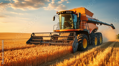 Combine harvester harvests ripe wheat