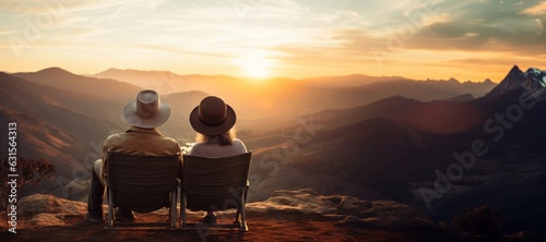Happy senior couple on a nature trip enjoying the sunset on a bench in the mountains.