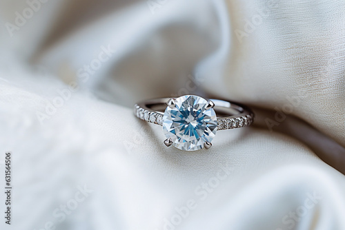 Macro shot of engagement ring in white silk. High quality photo