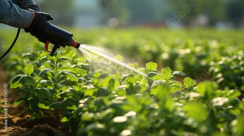 hand-wearing gloves holding a hose sprayer and watering young plants in the garden