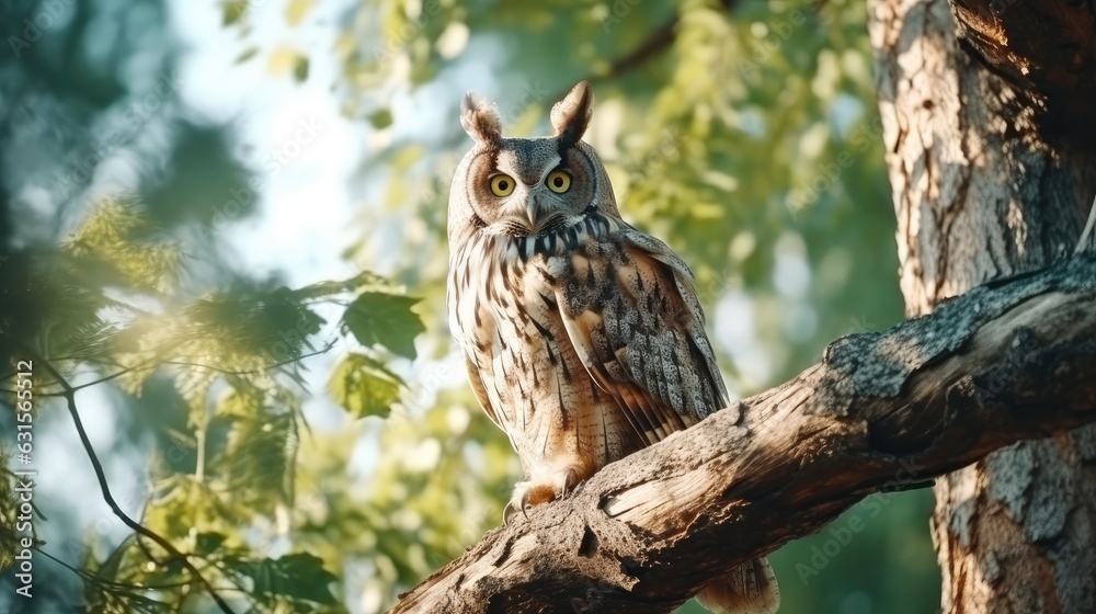 The eagle owl sits on a tree branch in the forest and looks into the camera with yellow eyes. Illustration for cover, card, postcard, interior design, decor or print. The eagle owl sits on a tree branch in the forest and looks into the camera with yellow eyes. Illustration for cover, card, postcard, interior design, decor or print.