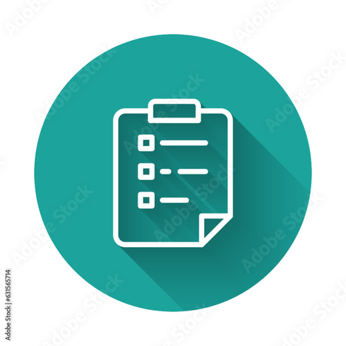 White line Clipboard with checklist icon isolated with long shadow background. Control list symbol. Survey poll or questionnaire feedback form. Green circle button. Vector